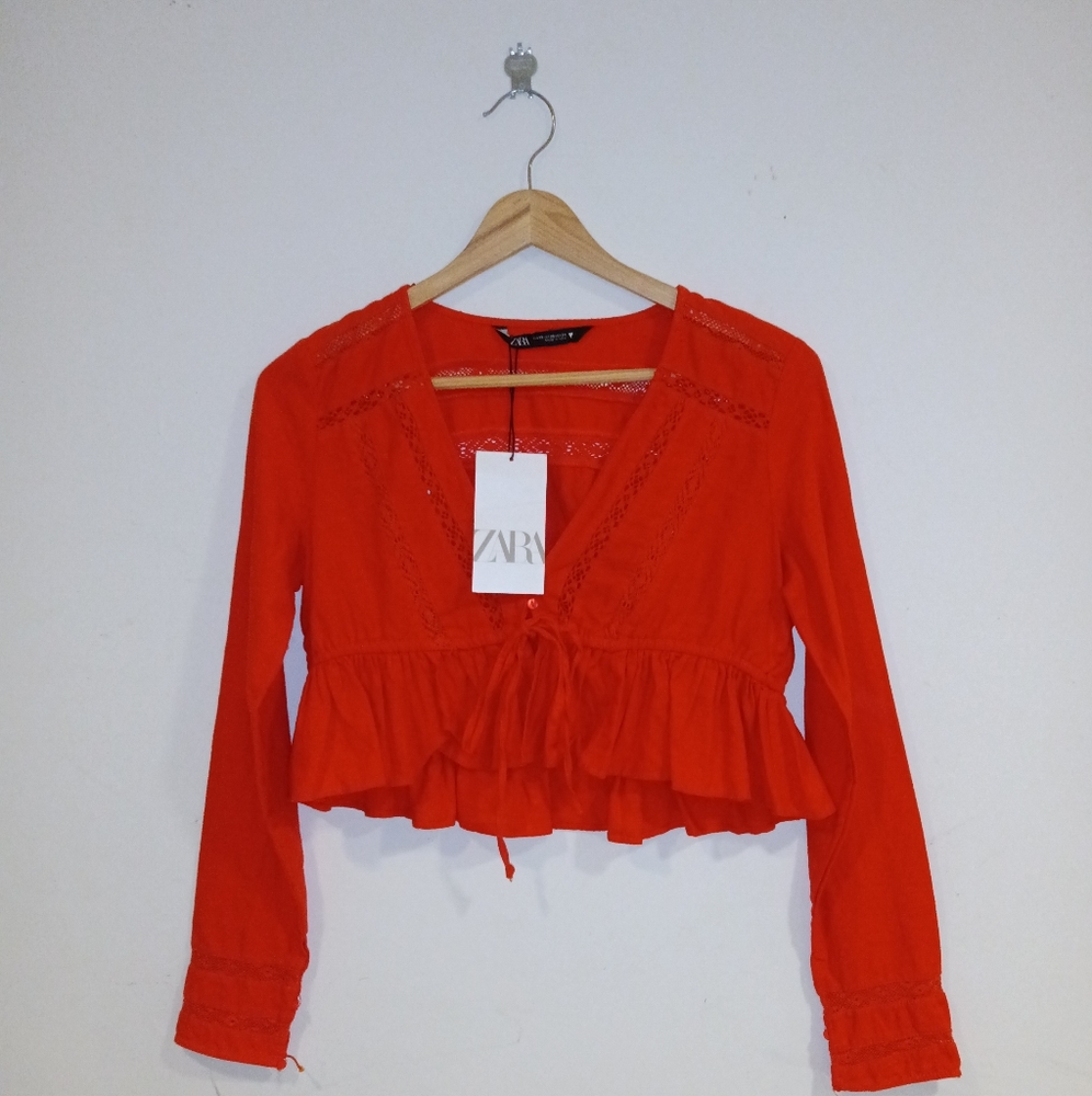 Zara NWT Flaw Dark Orange Cropped Top Eyelet Ruffle Cottagecore Fairycore Sz XS